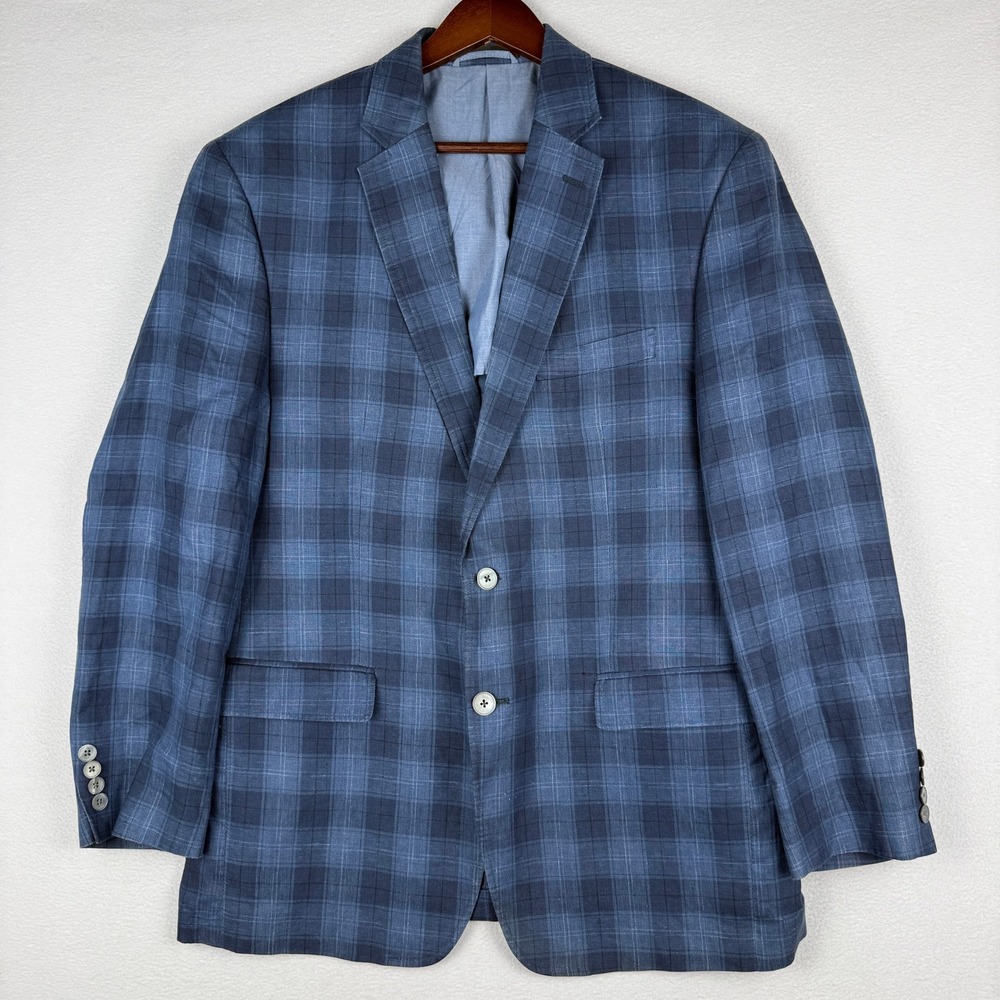 Lauren Ralph Lauren Blazer 42R Blue Plaid 100% Linen Two Button Unstructured